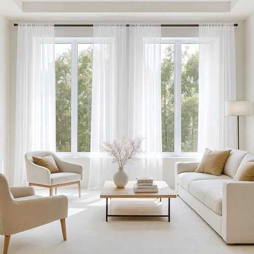 White Sheer Curtains 84 Inches Long - 4 Panel Rod Pocket Voile Drapes