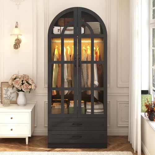 75" Arched Armoire Wardrobe with Glass Doors, 2 Drawers and LED Light
