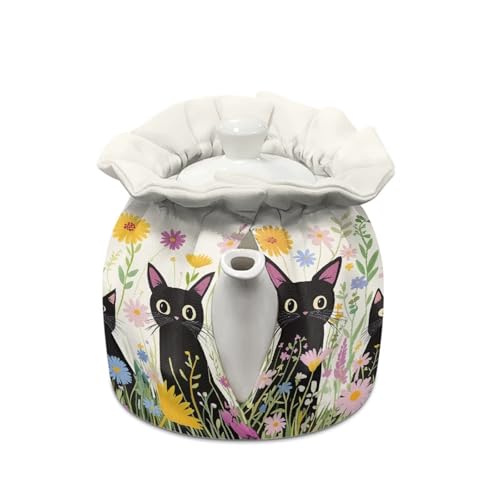 Insulated Tea Cozy with Black Cat and Floral Print for Teapots