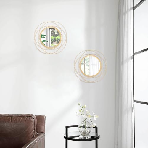 12-Inch Round Gold Wall Mirror Set - Decorative Iron Frame Wall Art (2 Pack)