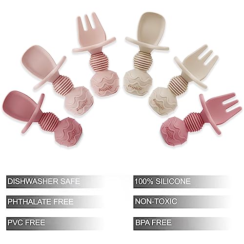 Silicone Baby Spoon and Fork Feeding Set Anti-Choke 6 Pack Pink