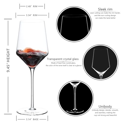 Hand-Blown Crystal Red Wine Glasses, 15 oz, Set of 4