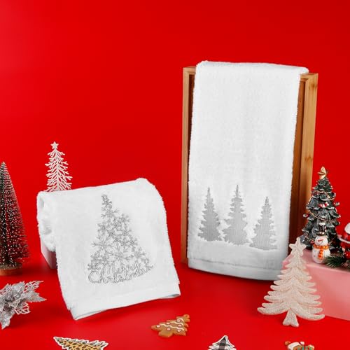 Quera 2-Pack Christmas Hand Towels 14x30" Embroidered Winter Woodland Trees