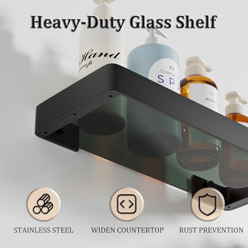 11.8-Inch Black Glass Floating Wall Shelf, Stainless Steel Bathroom Organizer