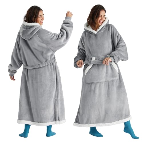 Oversized Wearable Blanket Hoodie with Sherpa Fleece and Waist Belt