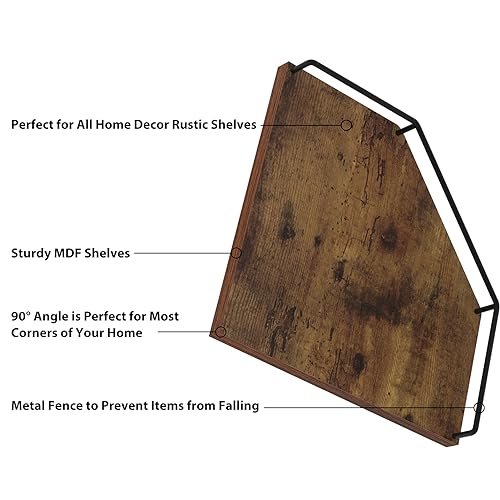 3-Pack Rustic Floating Corner Wall Shelves with Fence, Brown Wood Finish