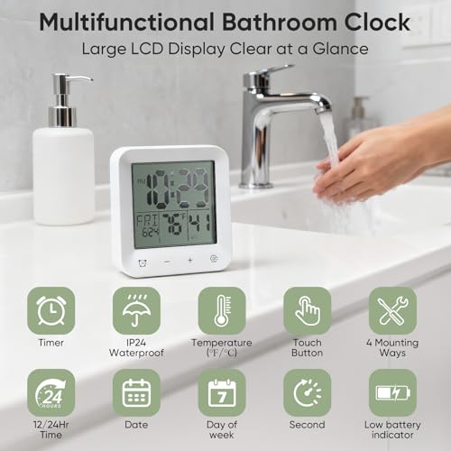 Waterproof Digital Bathroom Clock with Countdown Timer and Temperature