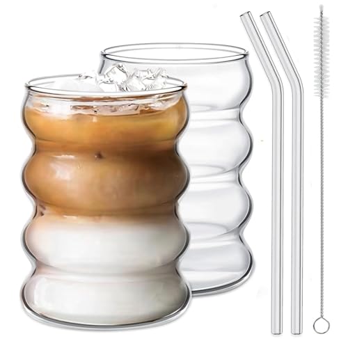 14oz Can-Shaped Drinking Glasses Set with Glass Straws and Cleaning Brush