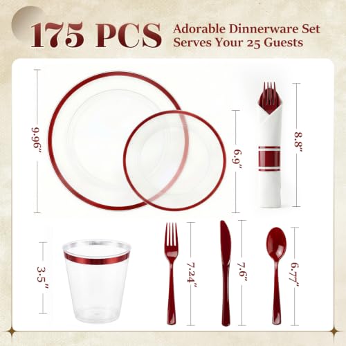 Cheerserve Red Plastic Dinnerware Set 175pcs for 25 Guests - Clear & Elegant