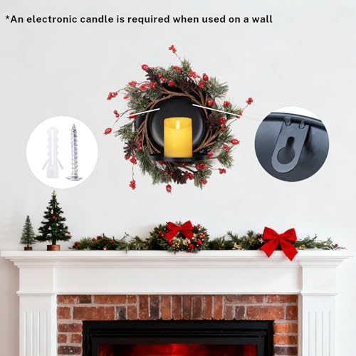 MOYEE Pine Needle Wreath 14-Inch Candle Holder, Black Metal Christmas Centerpiece