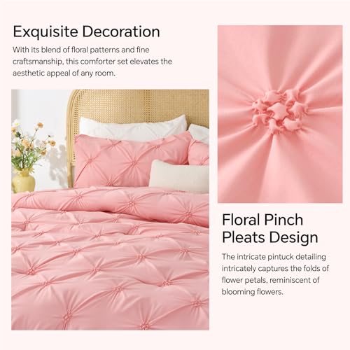 Pink Queen Comforter Set - Soft Pintuck Bedding with 2 Pillowcases