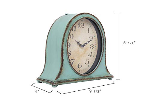 Distressed Aqua Blue Metal Mantel Clock with Wooden Base, 8.5-inch