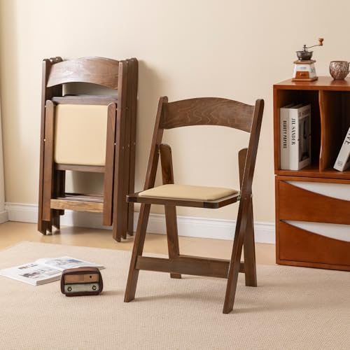 Set of 4 Wooden Folding Chairs with Padded Seats, Fruit Wood Finish