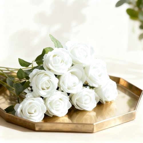 50 Pcs White Artificial Roses Bouquet - Velvet Fake Flowers for DIY Decor