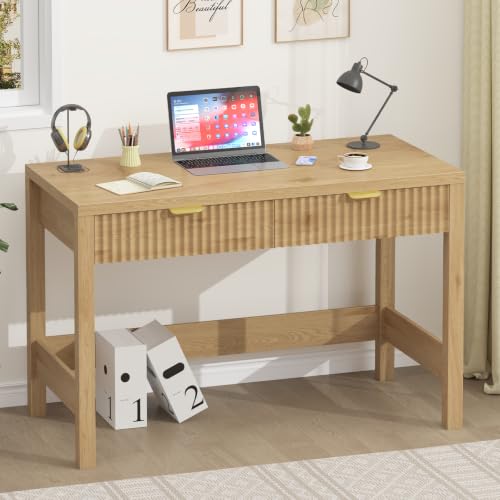 39-Inch Small Fluted Computer Desk with 2 Drawers, Oak Writing Desk