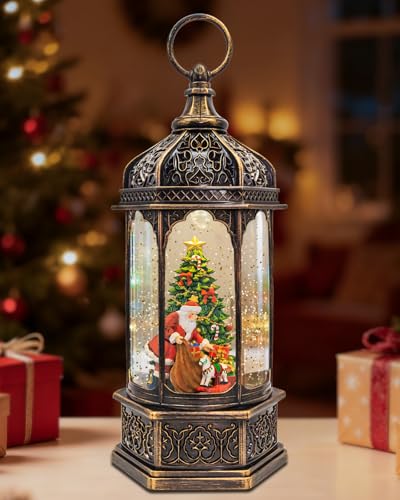 Kukuzon Santa Claus Gifts Lighted Christmas Snow Globe Lantern, Musical Scene, 8 Songs, Swirling Glitter, Indoor Holiday Decor, 9"