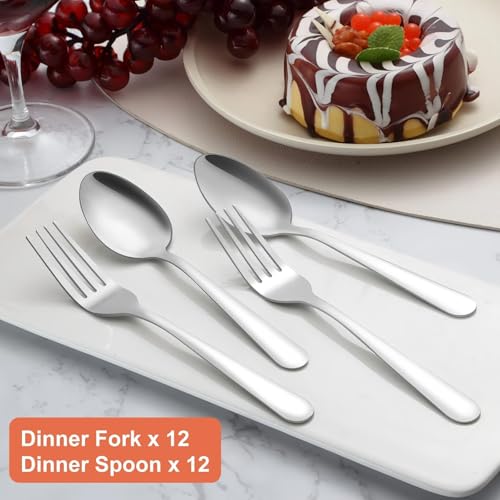 24-Piece Stainless Steel Silverware Set: 12 Dinner Forks and 12 Spoons