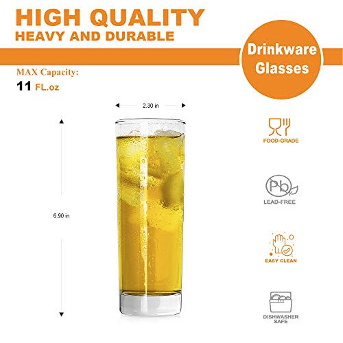 LUXU 10 oz Highball Glasses Set of 6 - Tall Drinking Glasses for Cocktails & Beverages