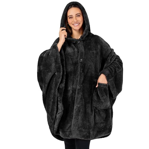 Sherpa Wearable Hooded Blanket Poncho with Pockets - Soft Fuzzy Wrap