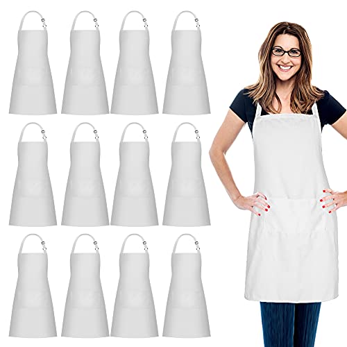 12-Pack 100% Cotton Bib Aprons - Adjustable Kitchen Cooking Chef Apron