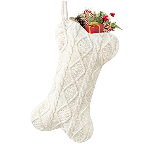 Large Bone Shape Knitted Dog Christmas Stocking - White Pet Decor