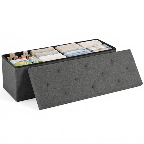 43-Inch Folding Storage Ottoman Bench with Padded Linen Seat - Grey