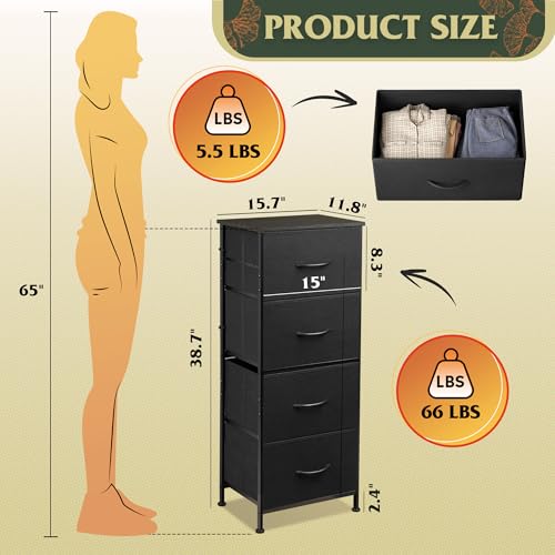 4-Drawer Fabric Storage Dresser Tower, Small Nightstand - Charcoal Black