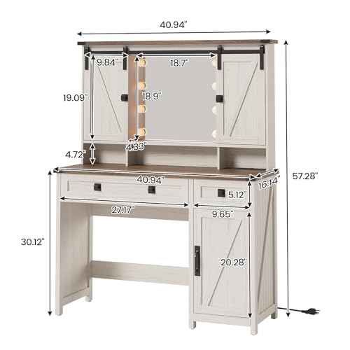 Farmhouse Makeup Vanity Desk with Mirror, Lights, and Charging Station
