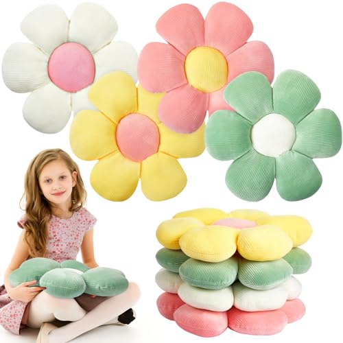 4-Piece Flower Floor Pillow Set, Soft Plush Daisy Cushions for Reading Nook