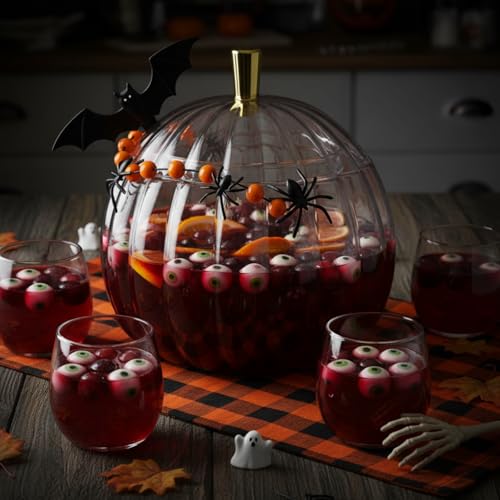 Pumpkin Punch Bowl Set with 6 Cups and Ladle, 1.3 Gallon Halloween Serving