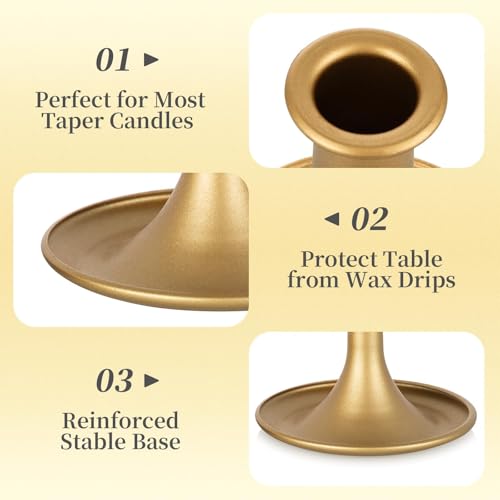 Hewory Gold 12pcs Taper Candle Holder Set for Weddings & Holidays - Small Brass Candlesticks for Centerpieces, Table Decor