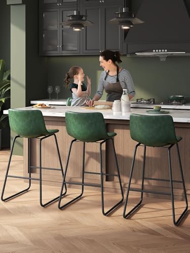 26-Inch Counter Height Bar Stools, Set of 3, Green Faux Leather with Backrest