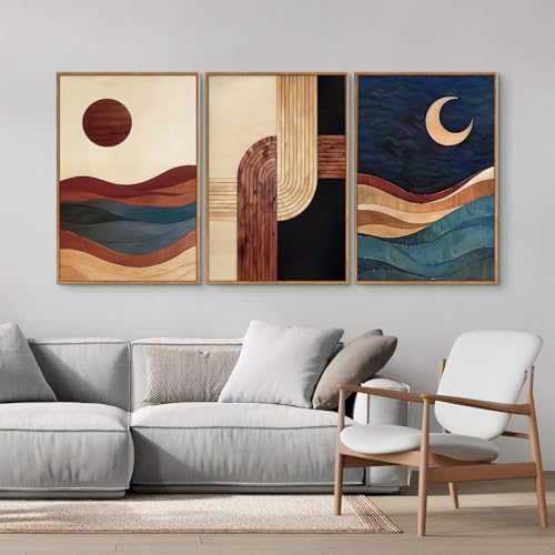 Boho Geometric Framed Canvas Wall Art Set - 3 Piece Sun and Moon Decor