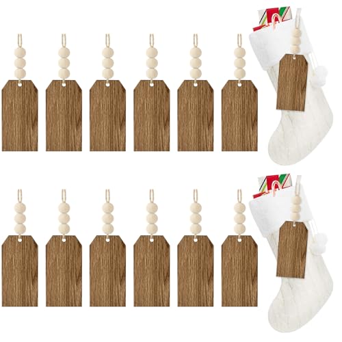 LIKAJON 12Pcs Christmas Stocking Name Tags - Wood Grain Unfinished DIY Gift Tags