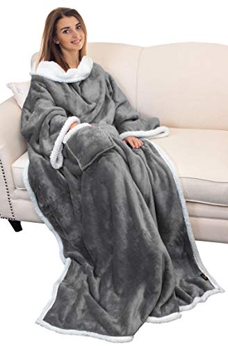 Sherpa Wearable Blanket with Sleeves and Pocket for Adults