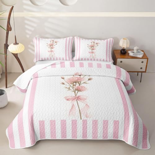 Pink Bow Floral Quilt Set - Twin Size Lightweight Bedspread for All Seasons