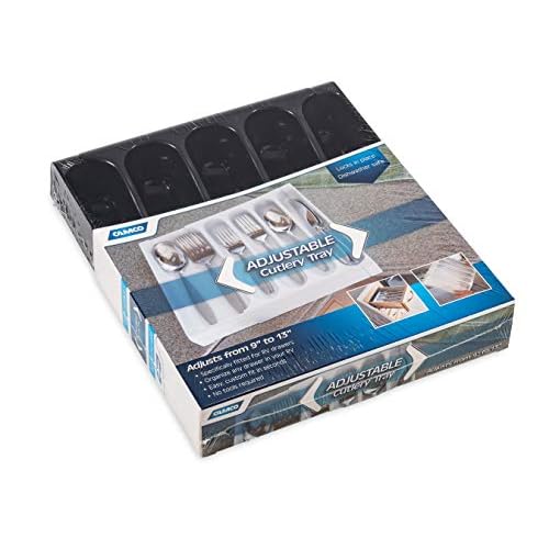 Camco 43504 RV Adjustable Cutlery Tray, Black - Easily Organize and Store Your Kitchen Flatware - Create a Custom Fit to Your Drawer