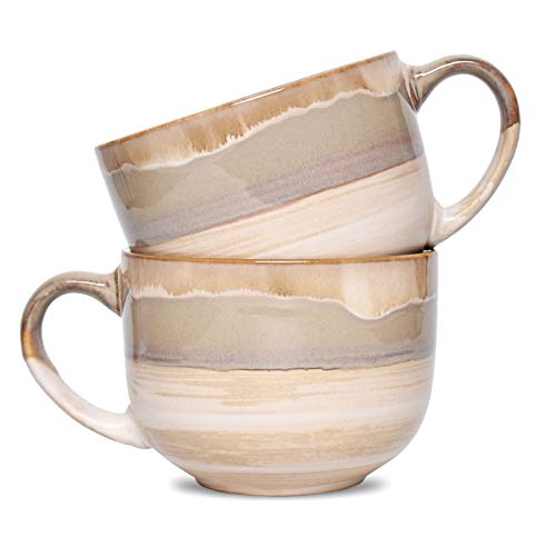 Bosmarlin Large Ceramic Coffee Mug Set of 2 - 16oz Jumbo Latte Cups, Brown Grey, Dishwasher & Microwave Safe