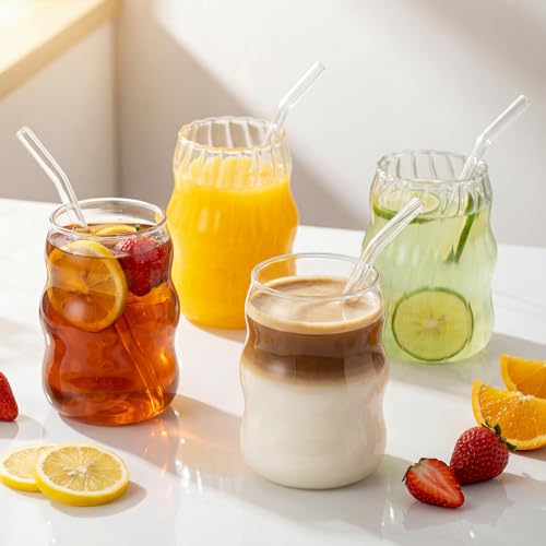 8 Pc Ribbed Glass Cup Set with Straws, 18 oz Vintage Iced Coffee Glasses