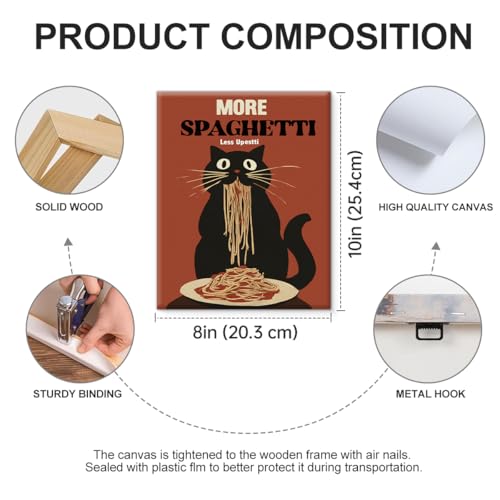 Funny Cat Spaghetti Wall Art Print - Humorous Cat Canvas Poster, Framed, 8x10 Inch, Color-J
