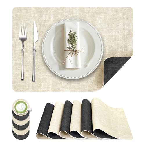 Reversible Faux Leather Placemats Set of 6 with Coasters, Wipeable & Non-Slip
