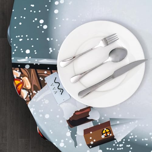 VVA 50 Inch Round Christmas Tablecloth with Santa Sleigh Snow Scene - Vintage Grey
