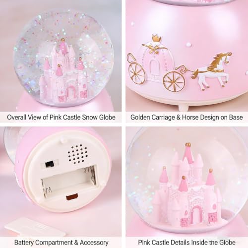 Musical Castle Snow Globe with Automatic Snowfall and LED Lights (Pink)