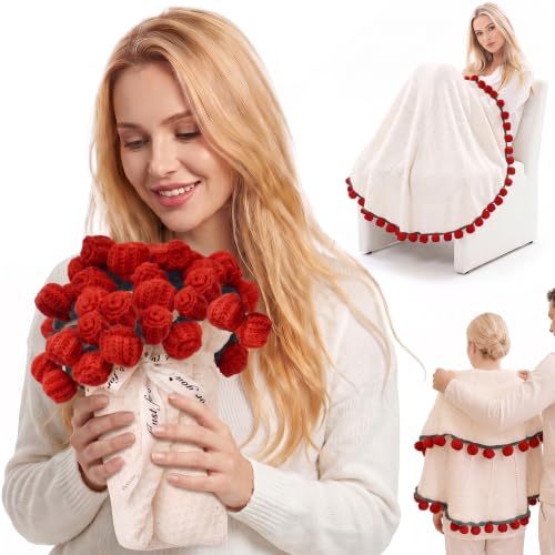 Red 43 Inch Crochet Flower Bouquet Blanket Throw - Knit 3D Rose Decor