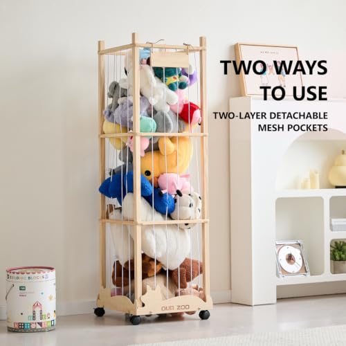 56-Inch Stuffed Animal Storage Zoo Tower with Wheels, Wooden Toy Organizer