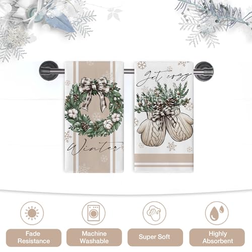 Seliem Winter Wreath & Mitten Kitchen Dish Towels Set of 2 - Brown, Holiday Decor