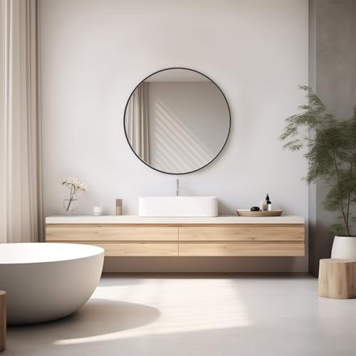 24-Inch Round Wall Mirror, Brushed Black Aluminum Frame Bathroom Vanity Mirror