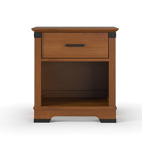 Child Craft Redmond Nightstand in Coach Cherry - Rustic Nursery Bedside Table with Drawer & Shelf
