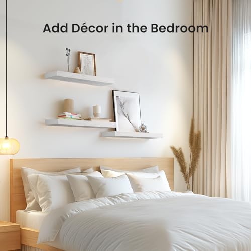White Floating Wall Shelves - Set of 3 Wood Decor Shelves with Invisible Brackets