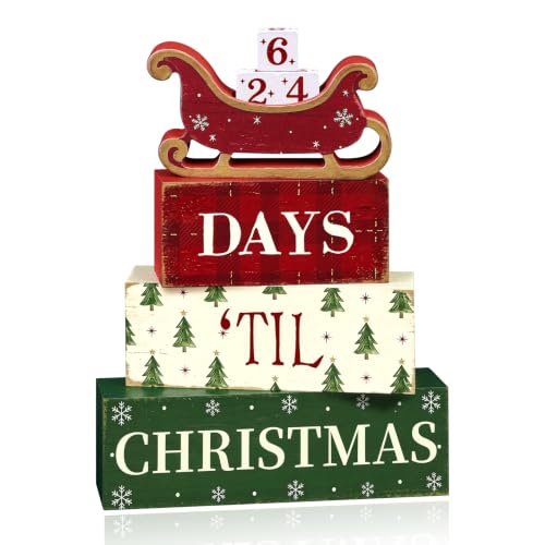 BORORO Christmas Countdown Sleigh Decor - Rustic Wood Countdown Blocks, Days ’Til Christmas, One Size